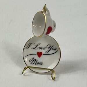 Vintage Miniature Japan Porcelain Teacup & Plate I Love You Mom Gold Trim Stand